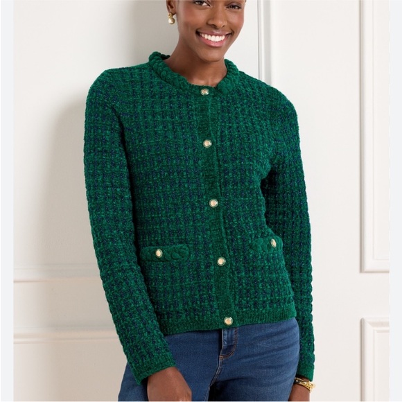 Talbots Sweaters - Talbots Chenille Cardigan Sweater Green Blue Metallic Thread Gold-Tone Buttons L